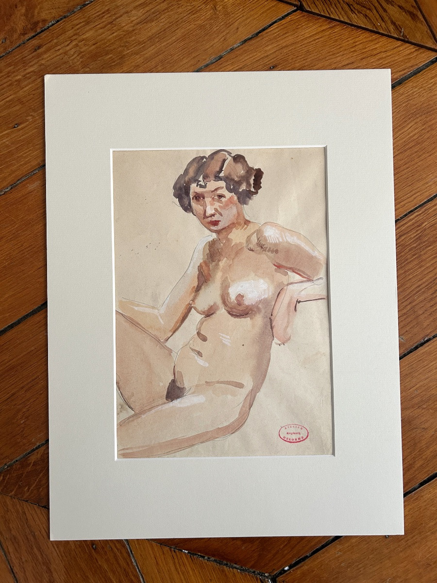 ART DECO Raphaël Delorme  (1886-1962), Etude préparatoire à La Piscine, aquarelle et crayon -photo-4