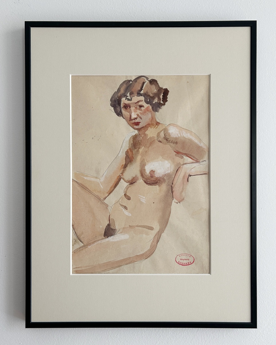 ART DECO Raphaël Delorme  (1886-1962), Etude préparatoire à La Piscine, aquarelle et crayon 