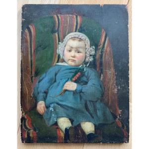 19th Century French School, Baby With A Holly Branch, Oil On Panel Tachet