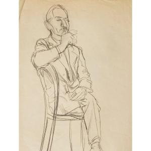 Rudolf Schlichter (1890-1955), Seated Man Smoking A Cigarette, Black Stone On Paper