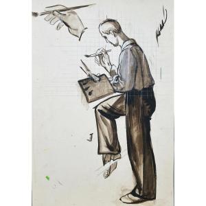 Jean BURKHALTER (1895-1982), Le Peintre, circa 1925, Lavis brun et rehauts de gouache blanche 