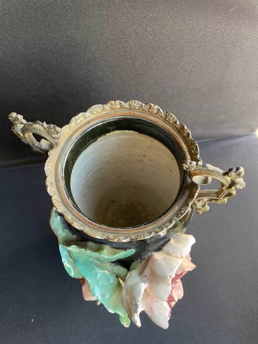 Vase En Céramique à Décor Barbotine En Relief Et Bronze Doré Signé-photo-3