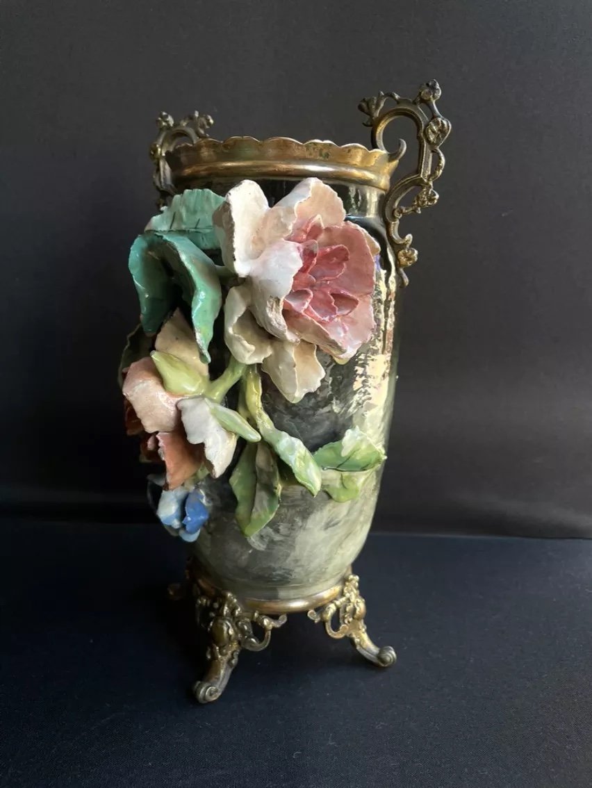 Vase En Céramique à Décor Barbotine En Relief Et Bronze Doré Signé-photo-4