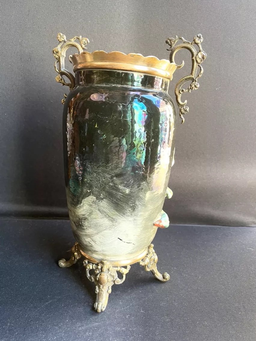 Vase En Céramique à Décor Barbotine En Relief Et Bronze Doré Signé-photo-1