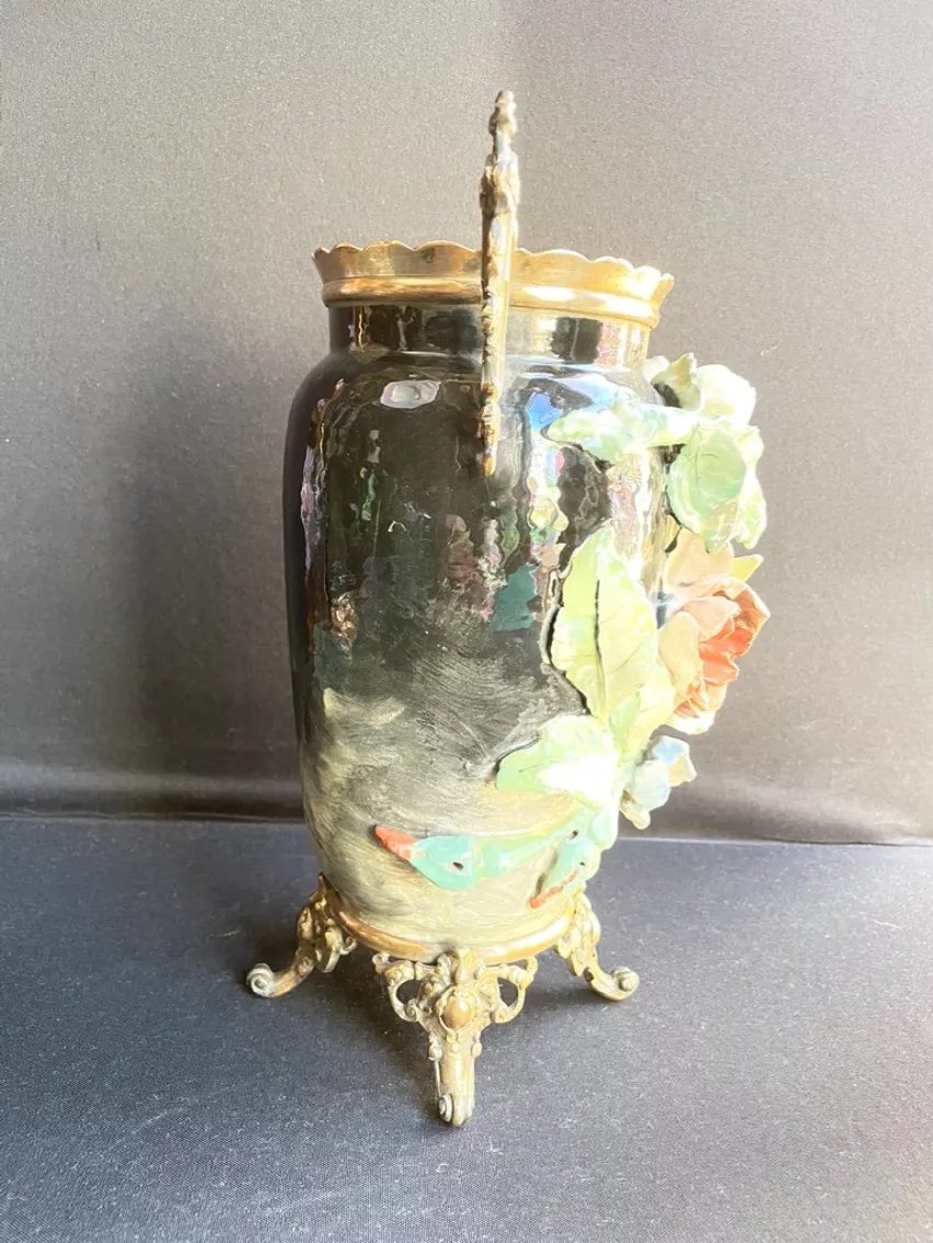 Vase En Céramique à Décor Barbotine En Relief Et Bronze Doré Signé-photo-2