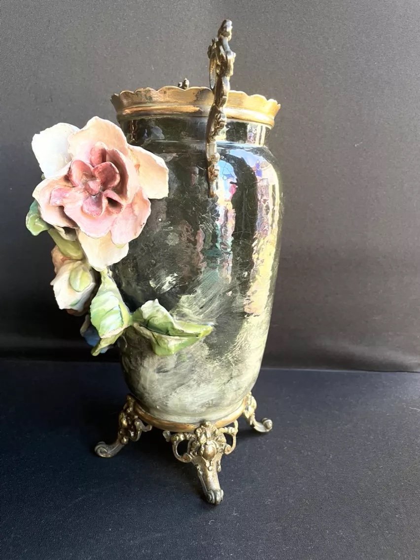 Vase En Céramique à Décor Barbotine En Relief Et Bronze Doré Signé-photo-3
