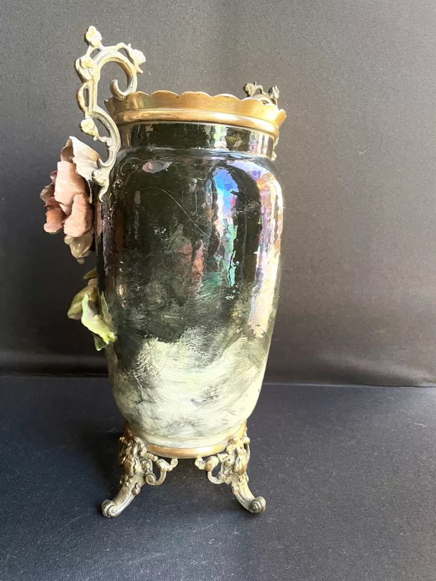 Vase En Céramique à Décor Barbotine En Relief Et Bronze Doré Signé-photo-4