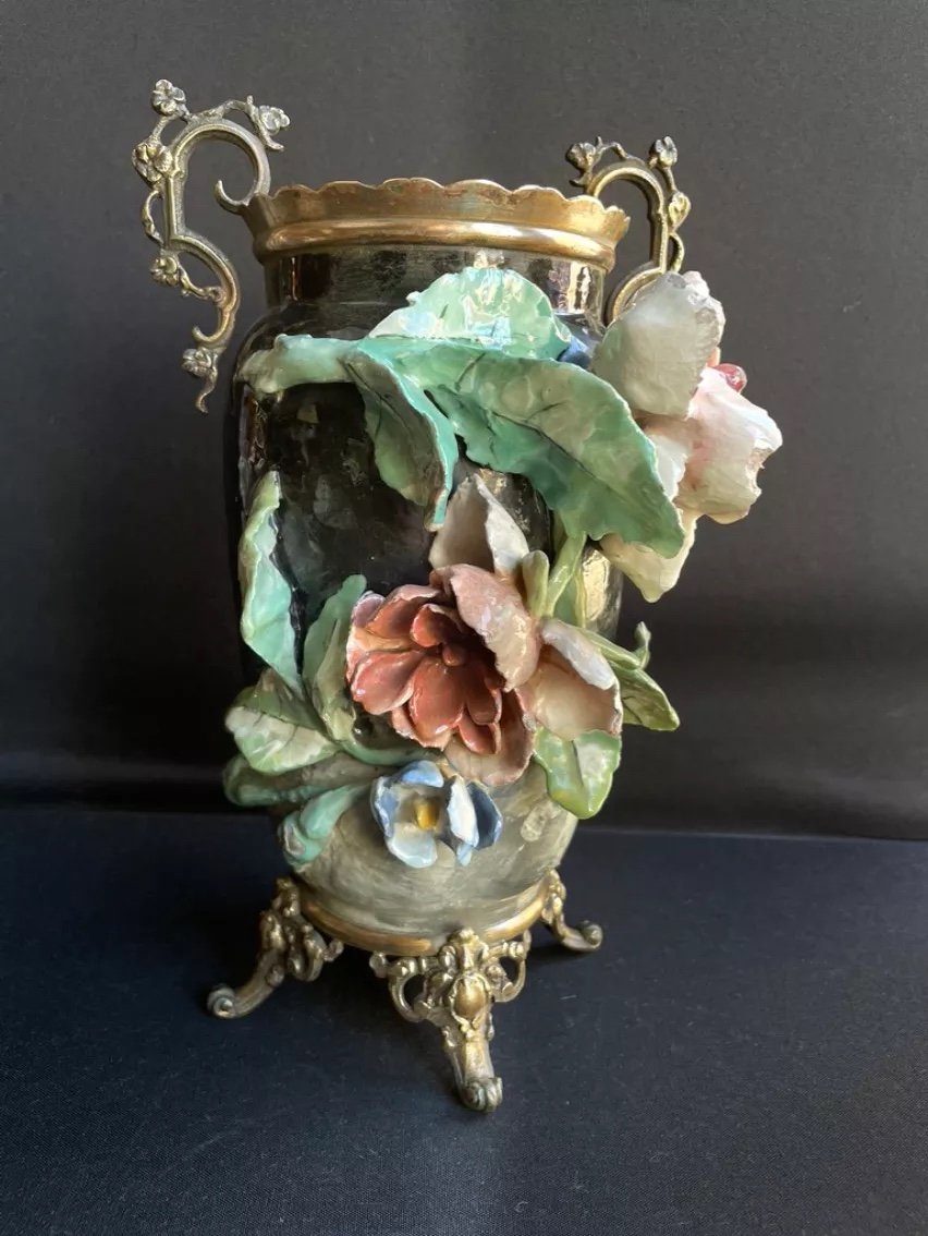 Vase En Céramique à Décor Barbotine En Relief Et Bronze Doré Signé-photo-5