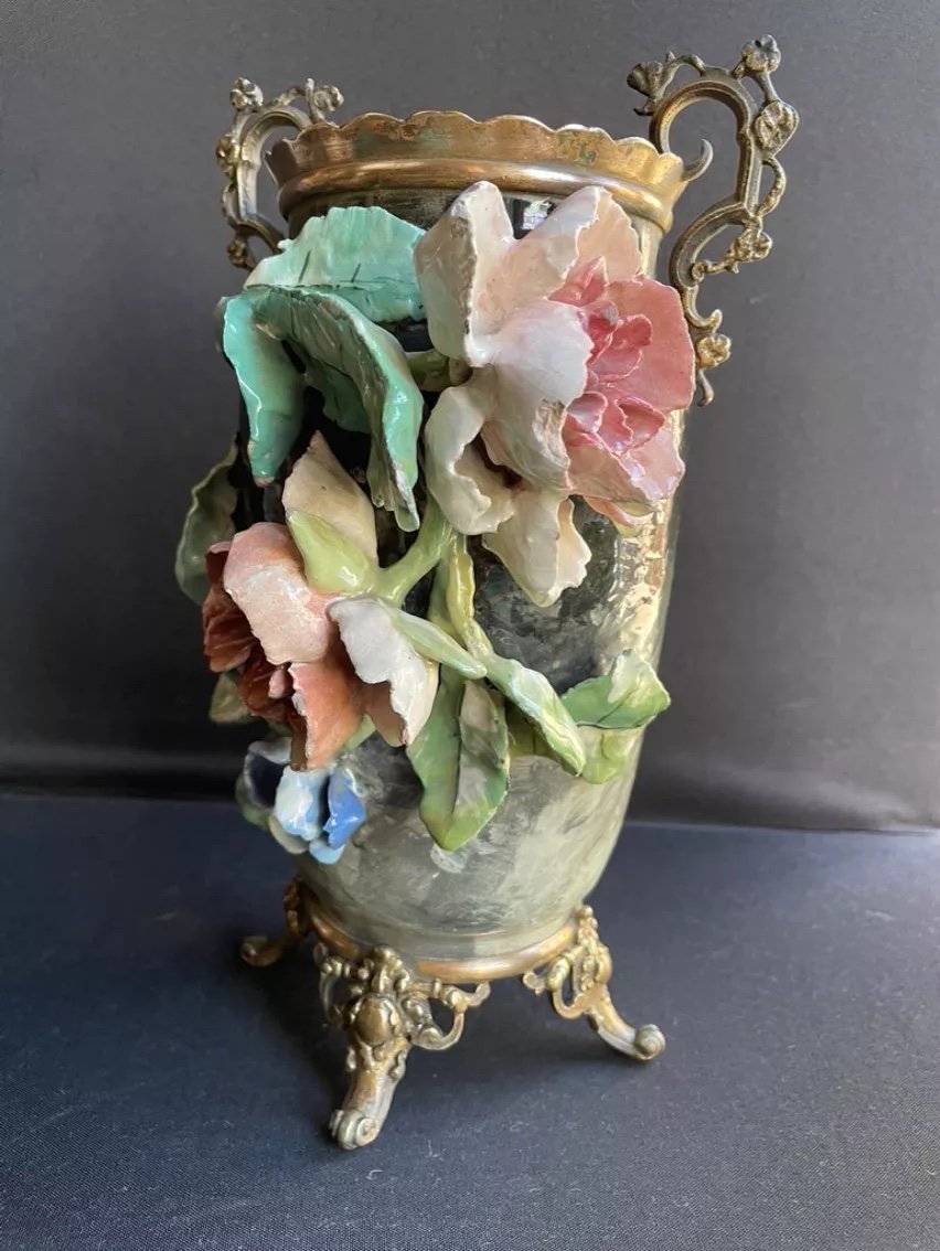 Vase En Céramique à Décor Barbotine En Relief Et Bronze Doré Signé-photo-6
