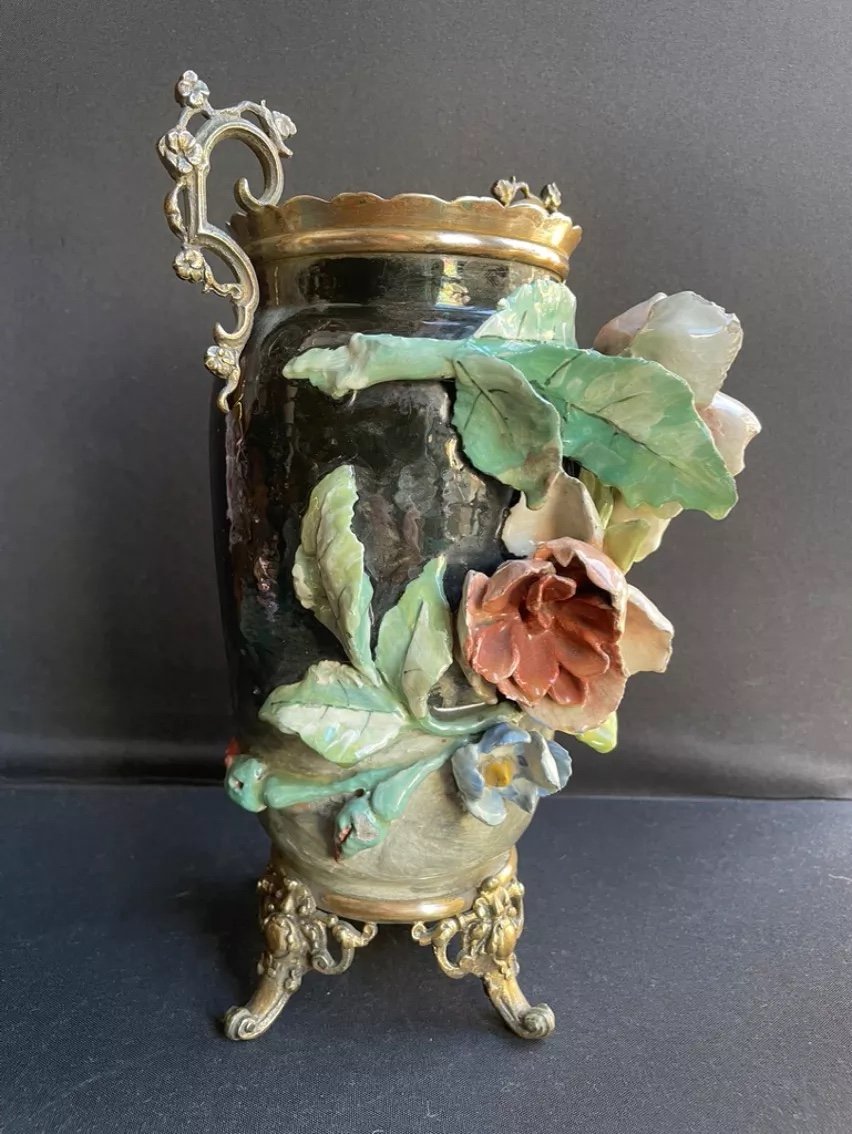 Vase En Céramique à Décor Barbotine En Relief Et Bronze Doré Signé-photo-7