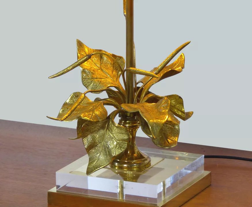 Wonderful Table Lamp With Foliage In Golden Brass-photo-3