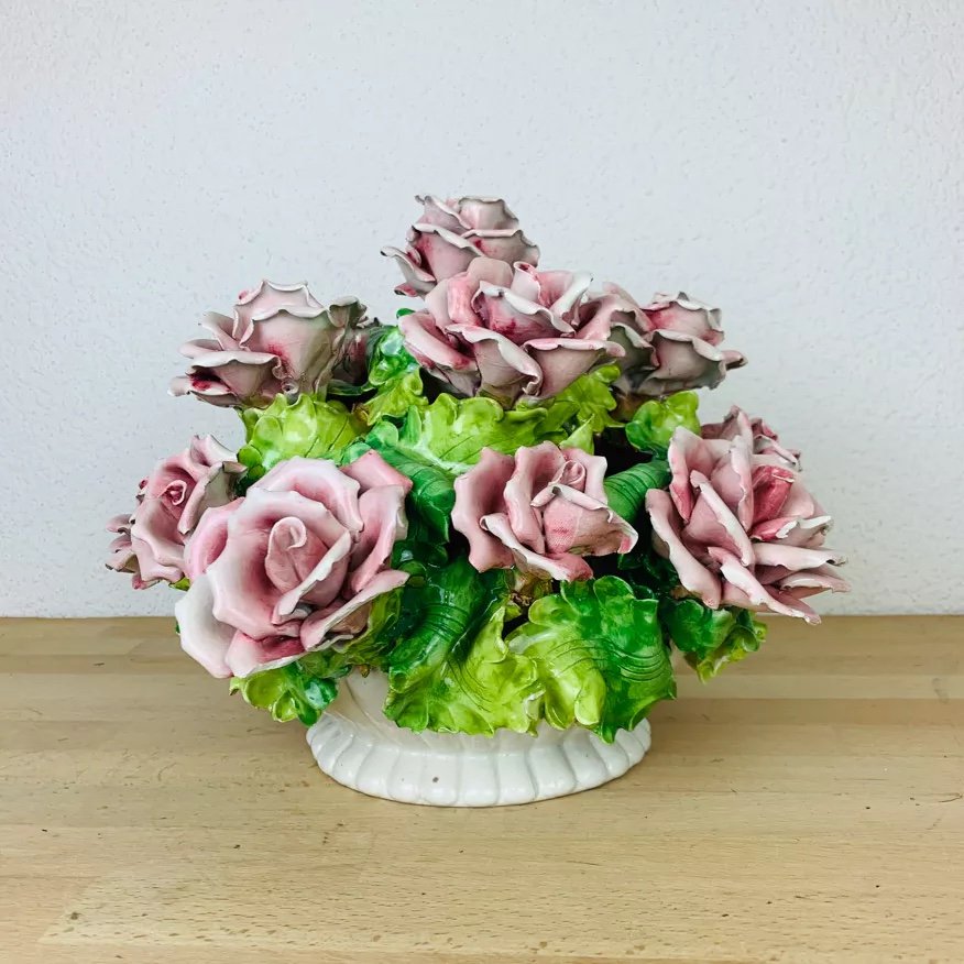 Centre De Table Bouquet De Fleurs Barbotine Roses-photo-2