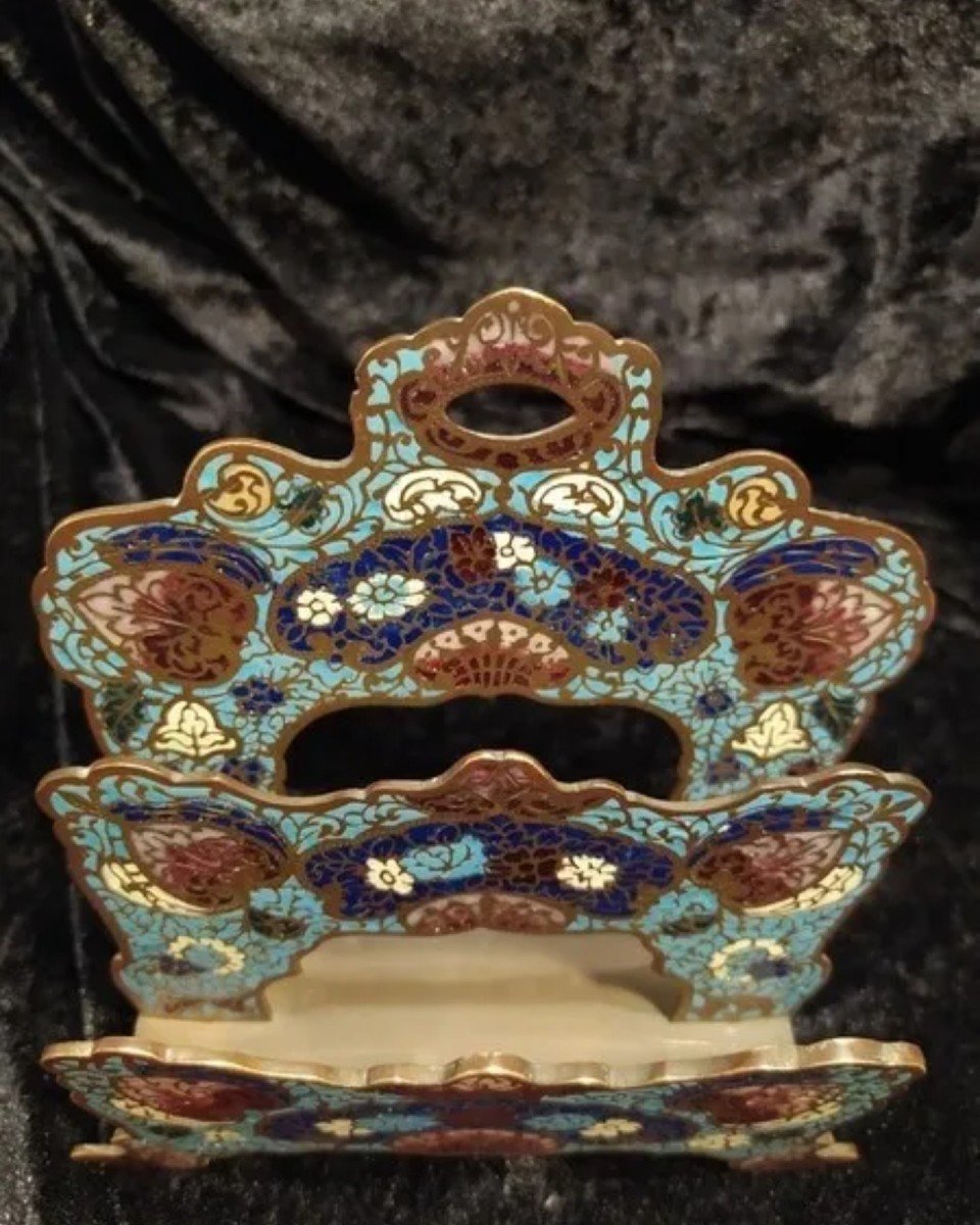Letter Holder In Cloisonne Bronze, Enameled Decor, 19th Century-photo-3