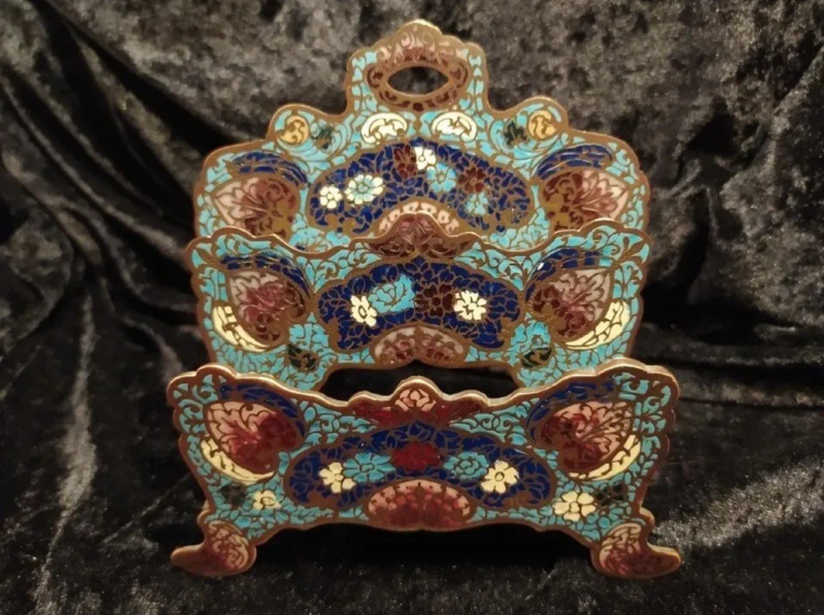 Letter Holder In Cloisonne Bronze, Enameled Decor, 19th Century-photo-3