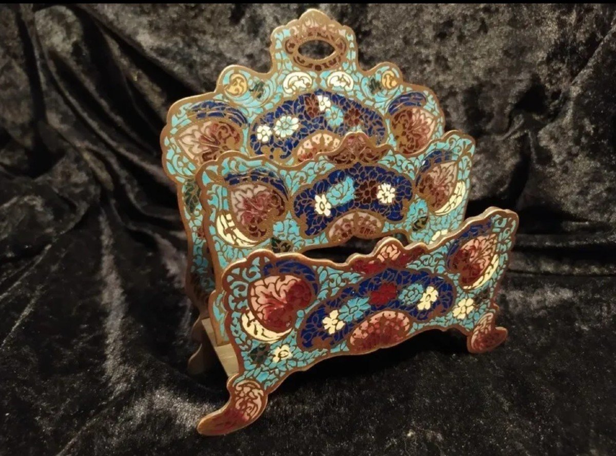 Letter Holder In Cloisonne Bronze, Enameled Decor, 19th Century-photo-4