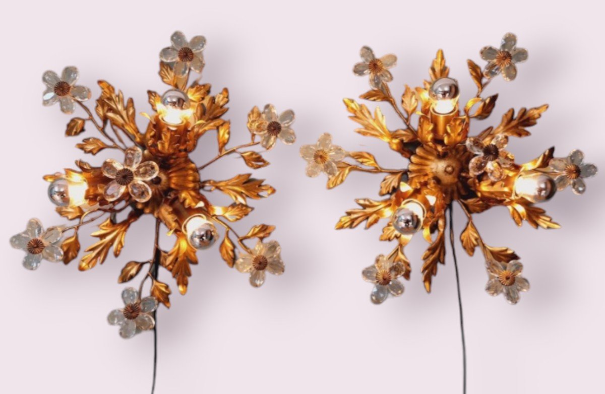 Pair Of Wall Sconces In Gold Metal, Electrified 
