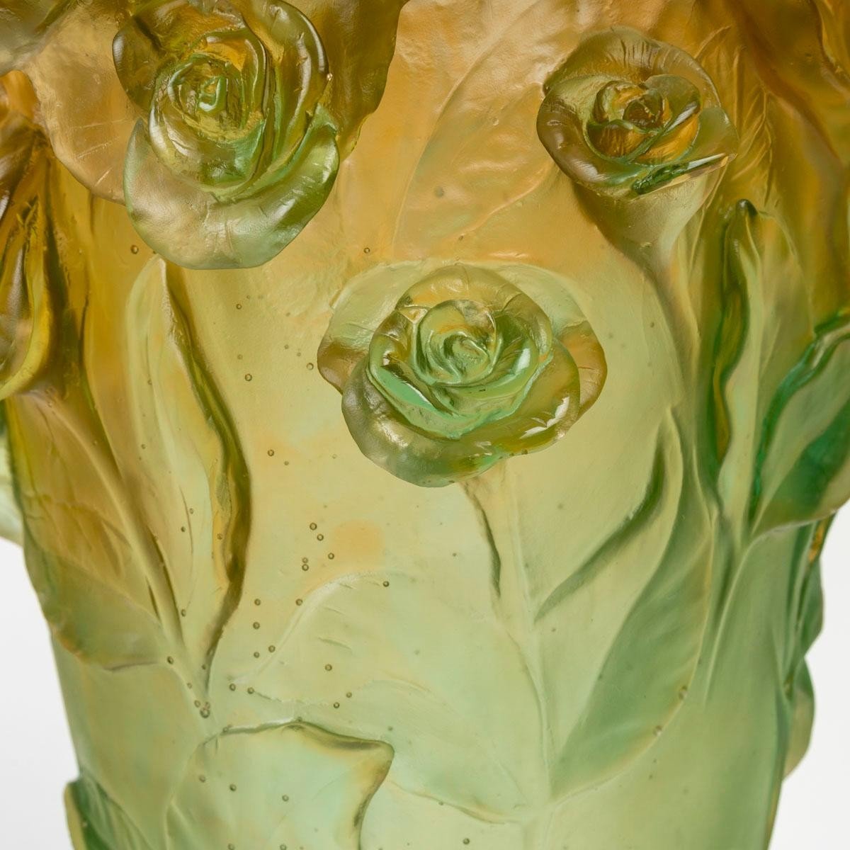Large Daum France Glass Paste Vase, Roses Model, Green And Amber Color -photo-3