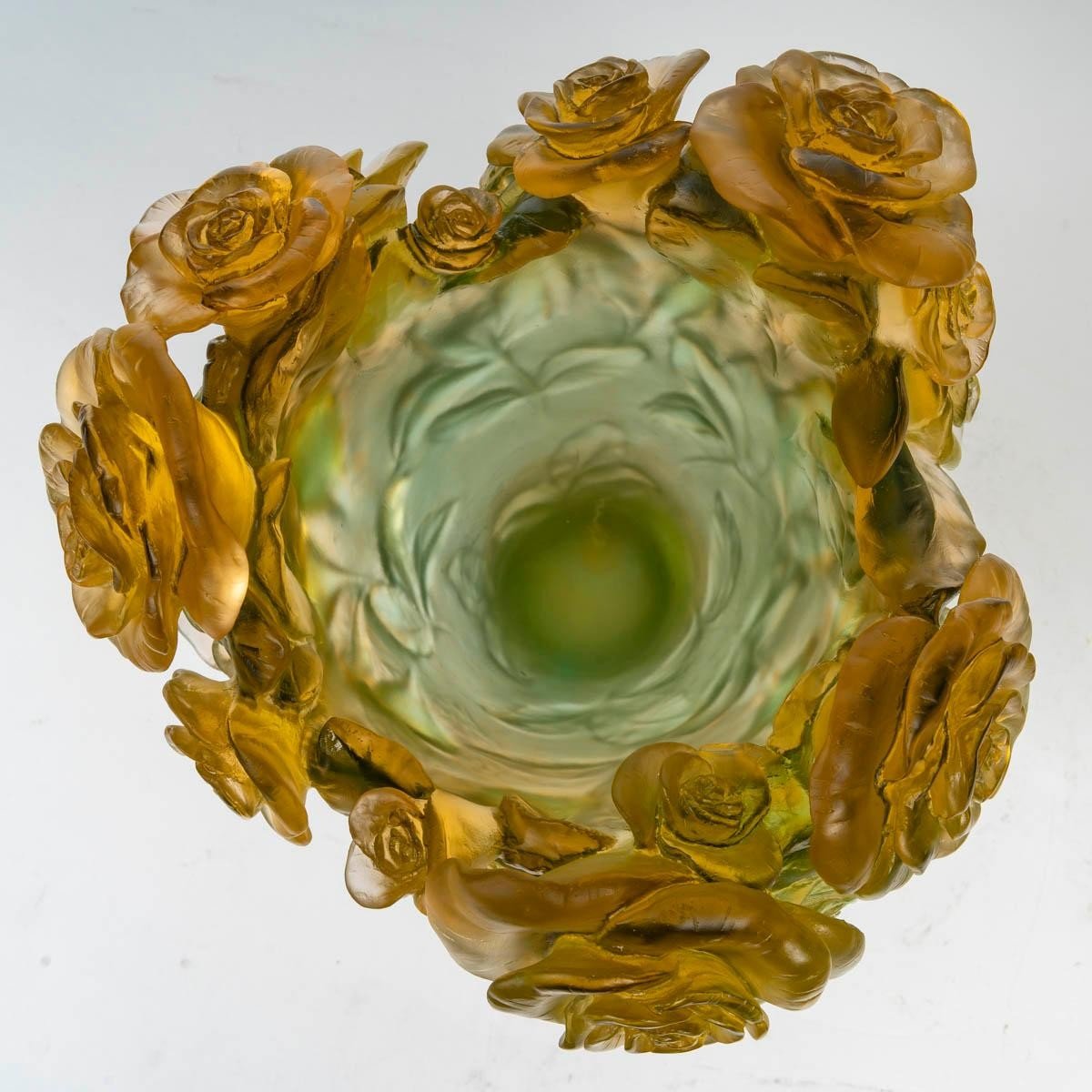 Large Daum France Glass Paste Vase, Roses Model, Green And Amber Color -photo-4