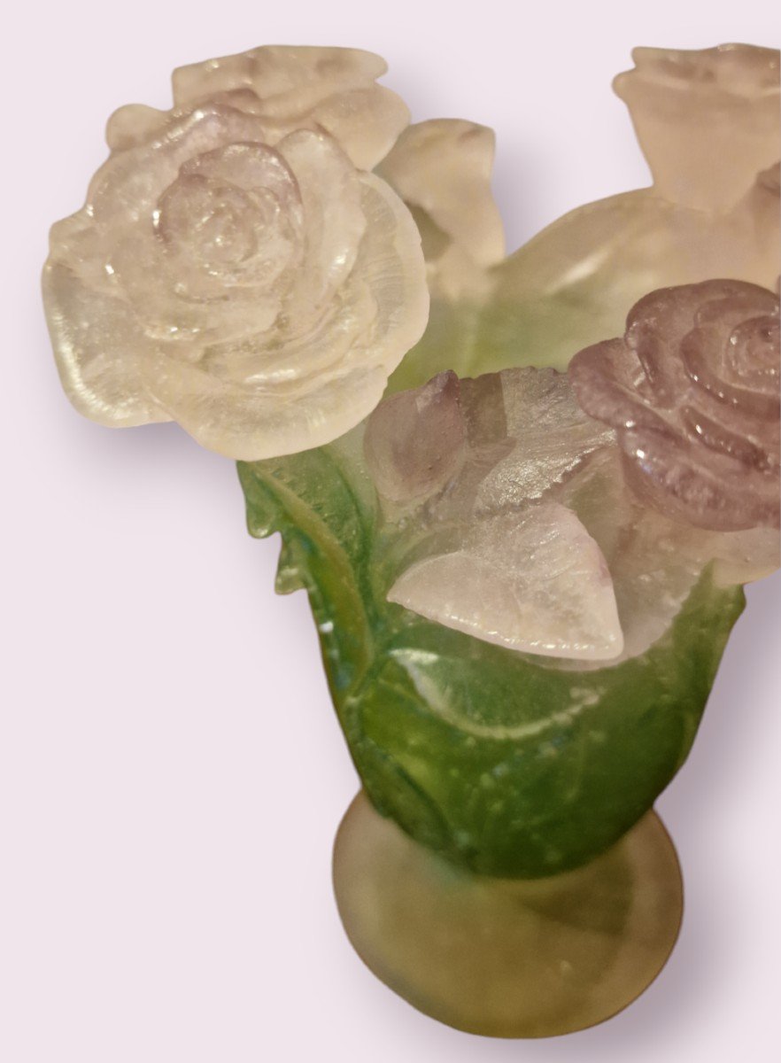 Daum Glass Paste Vase, Roses Model, Pink And Green Color, Signed -photo-2