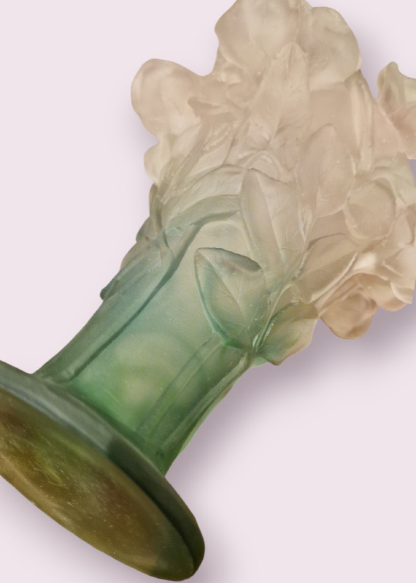 Daum Vase Model Roses In Pink And Green Glass Paste, Signed -photo-1