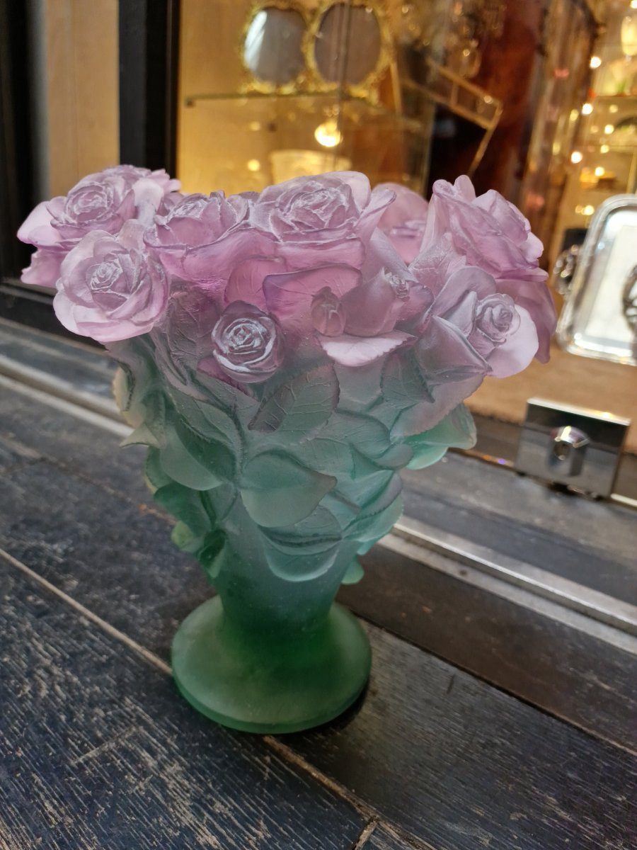 Daum Vase Model Roses In Glass Paste, Signed -photo-2