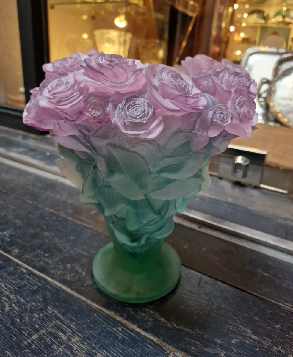 Daum Vase Model Roses In Glass Paste, Signed 
