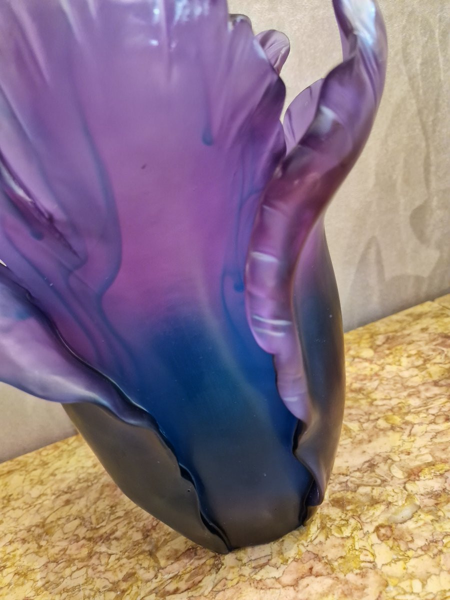 Daum Vase, Blue Violet Tulip Model, Signed -photo-4