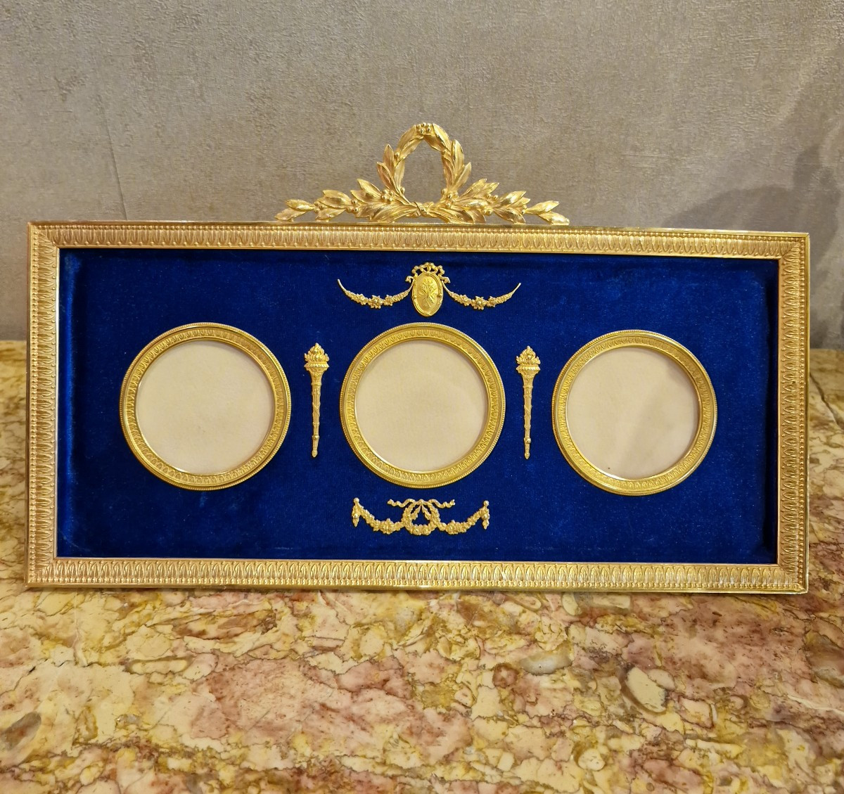 Exceptional Bronze Frame With A Blue Background In Three Locations In Perfect Condition 