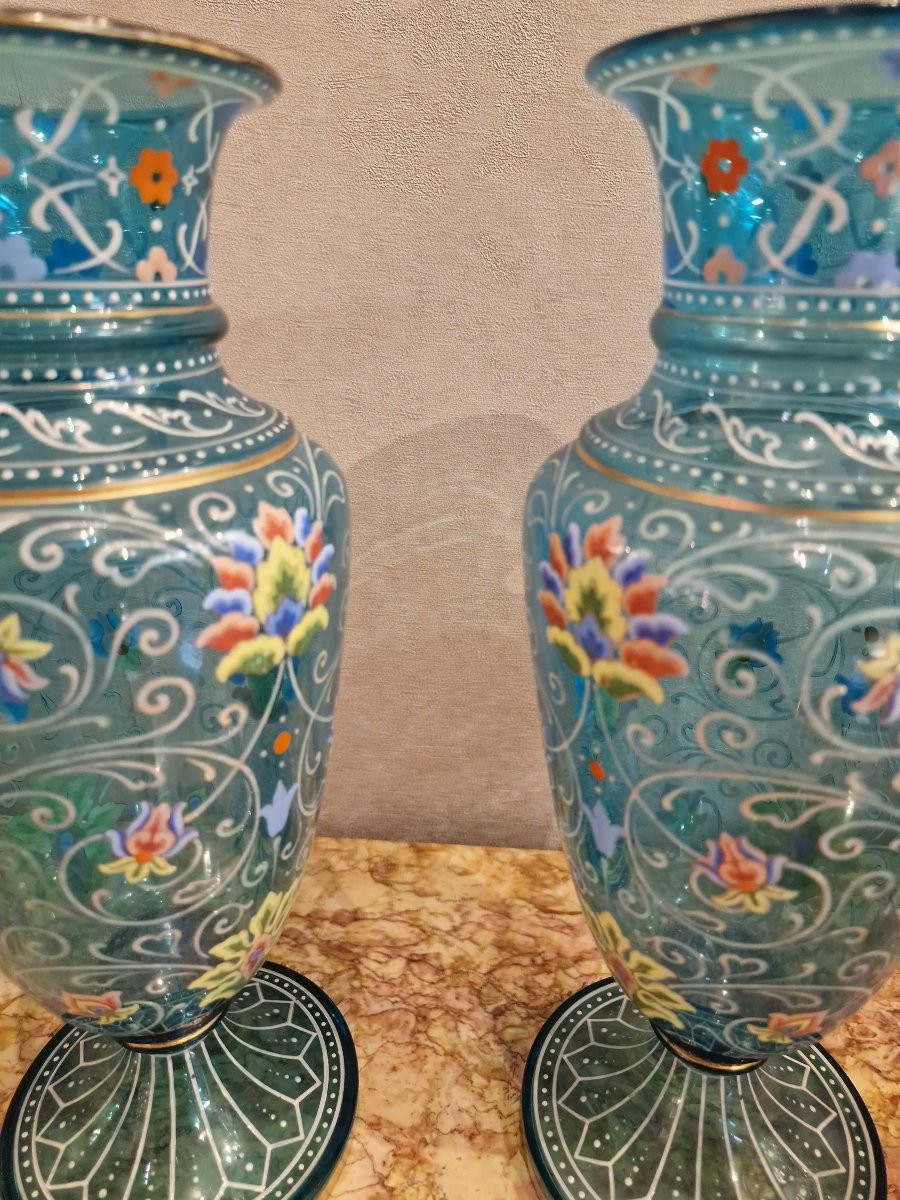 Large Pair Of Blue Enameled Crystal Vases, Perfect Condition -photo-2