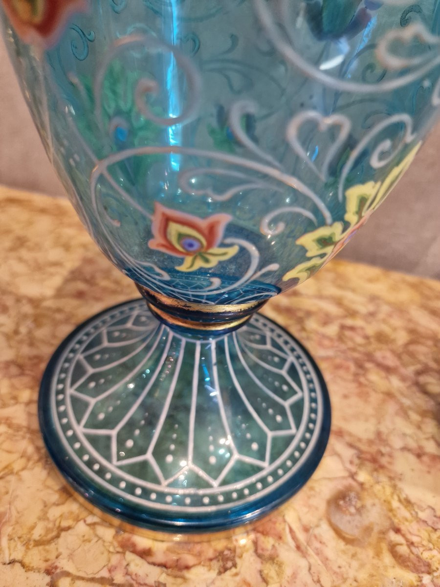 Large Pair Of Blue Enameled Crystal Vases, Perfect Condition -photo-1