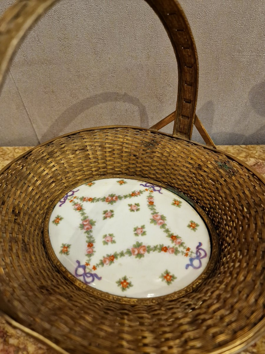 Large Bronze And Porcelain Basket , Flower Decor, Perfect Condition -photo-2