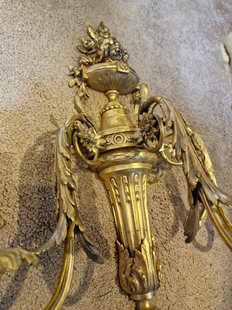 Important Pair Of Gilt Bronze Wall Lights , Exceptional Quality, Electrified -photo-2