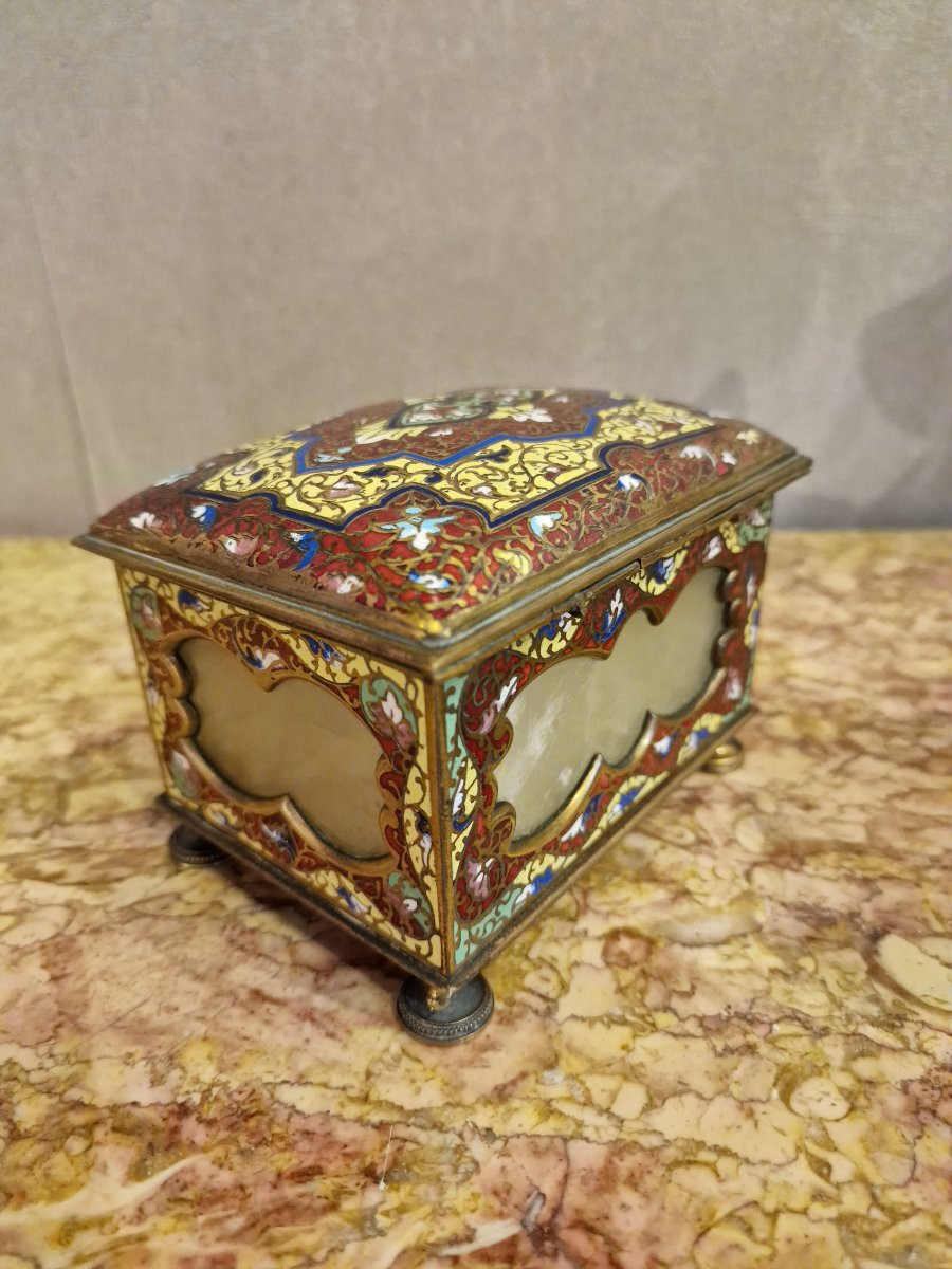 Richly Enameled Cloisonné Bronze Box With Marble Plaques And Lock -photo-3
