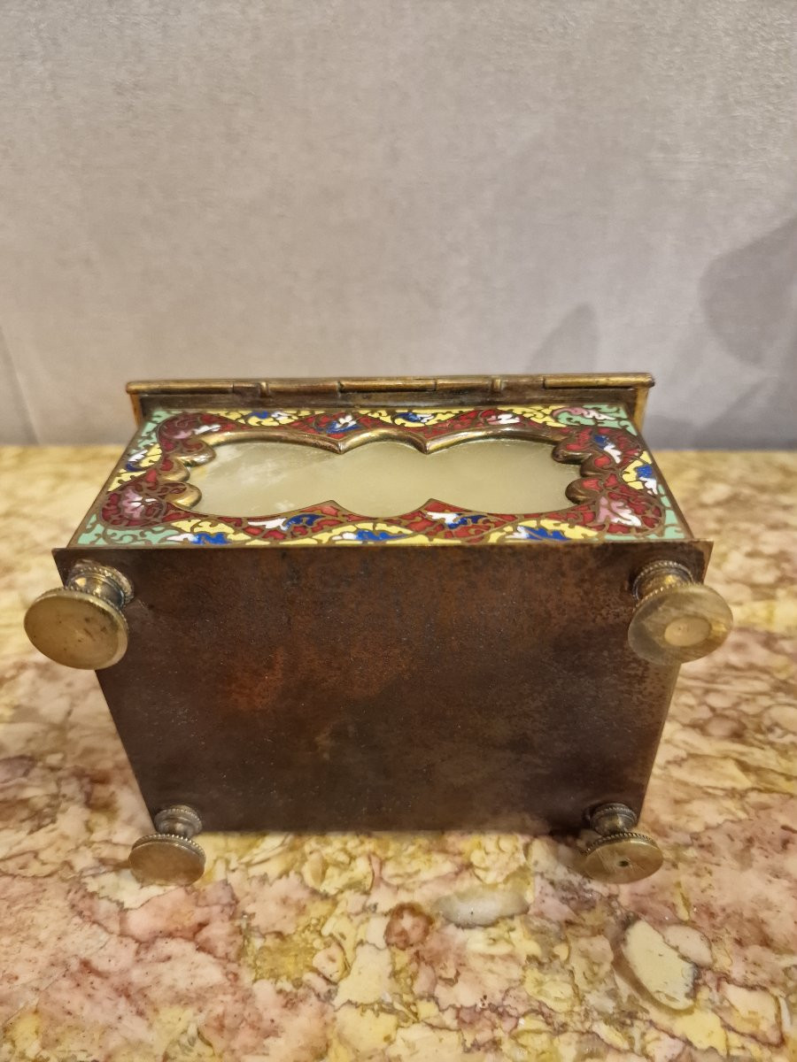 Richly Enameled Cloisonné Bronze Box With Marble Plaques And Lock -photo-5