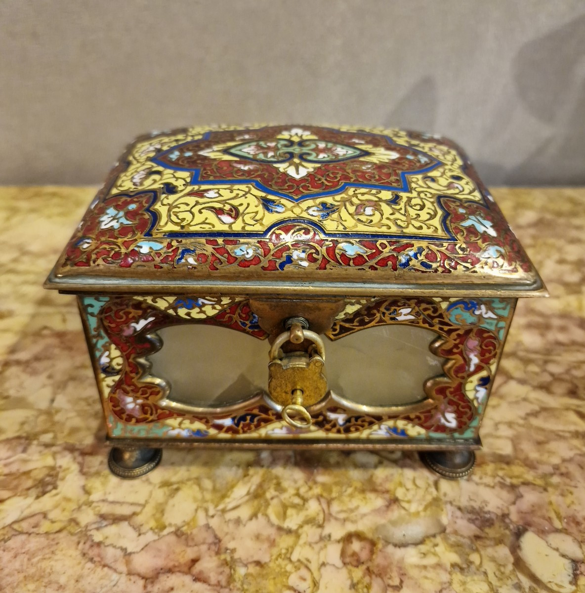 Richly Enameled Cloisonné Bronze Box With Marble Plaques And Lock 