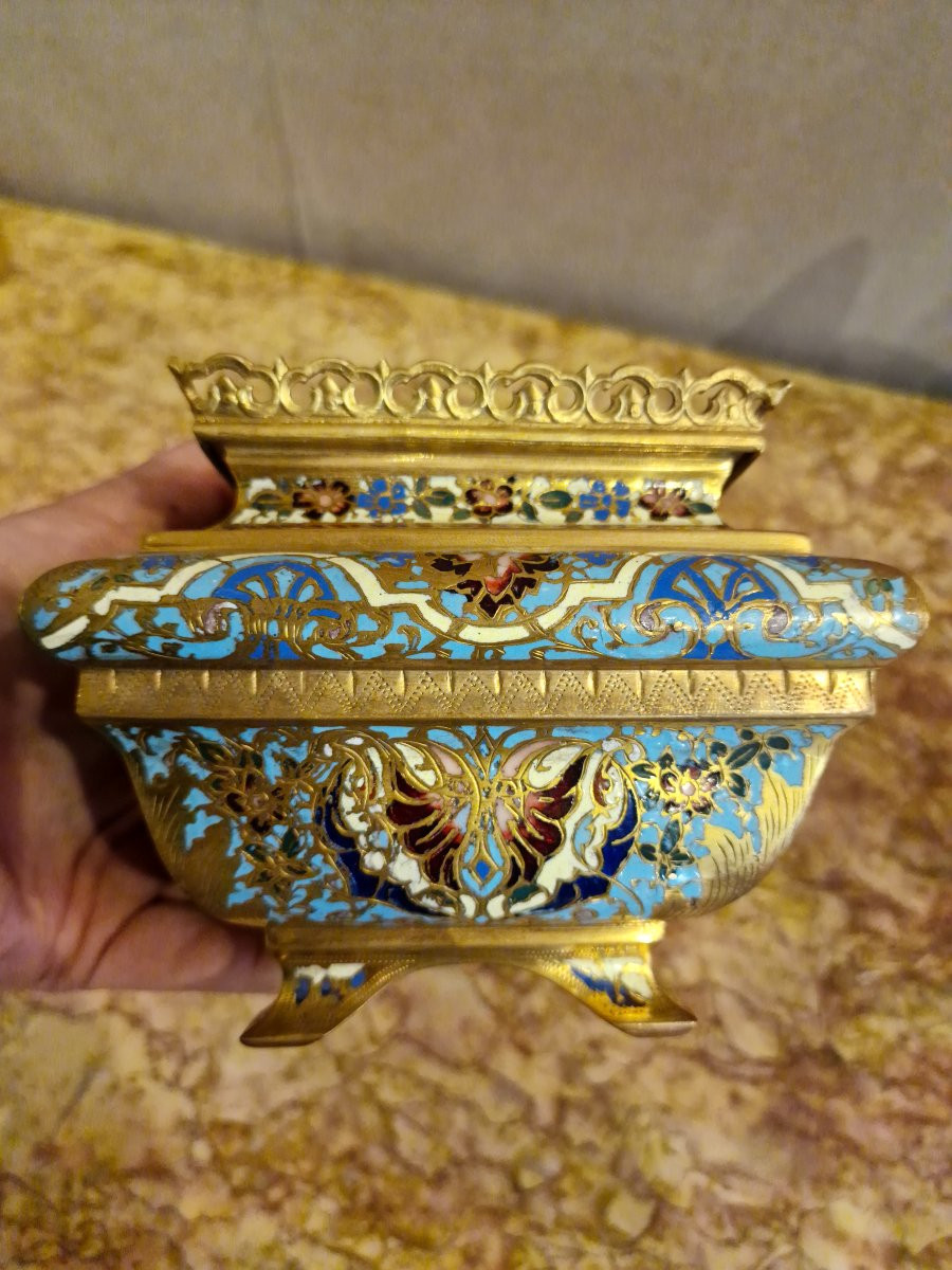 Large Richly Enameled Cloisonné Bronze Jardinière In Perfect Condition -photo-6