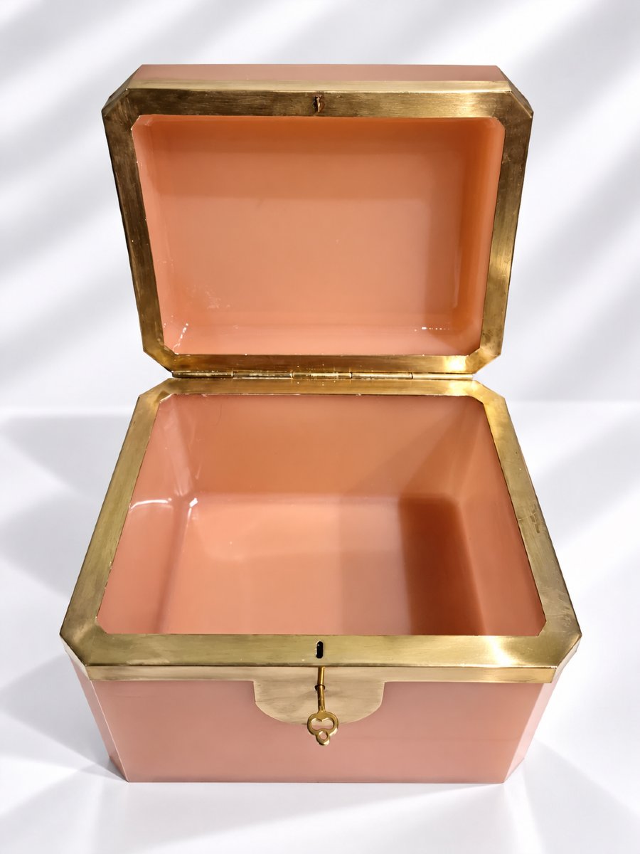 Très GRAND Coffret en Opaline Rose et monture en Laiton Dorée, avec sa clé d'origine -photo-4