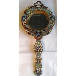 Hand Mirror In Cloisonné Bronze, Enameled, 19th Century