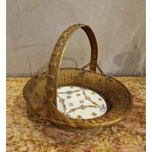 Grand Panier en Bronze et Porcelaine , décor Fleurs , Parfait état 