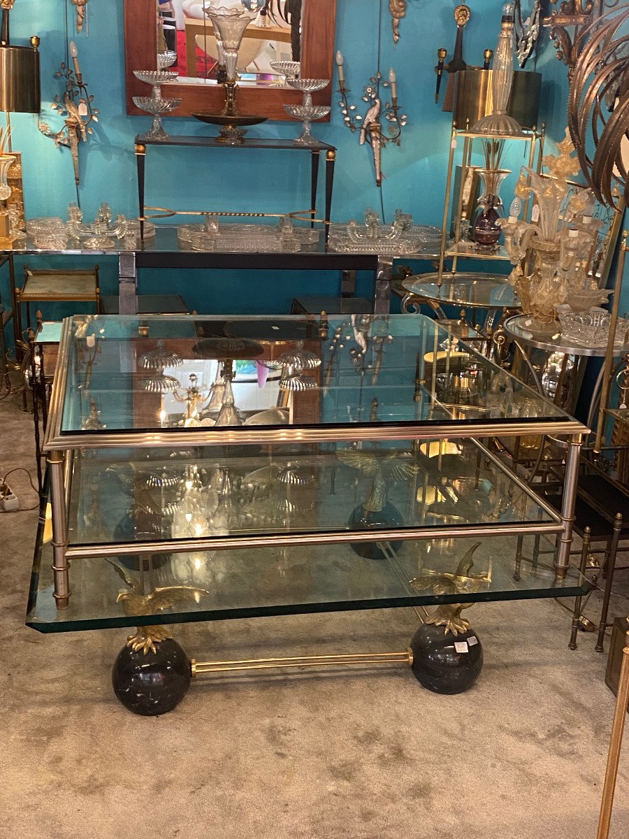 1950/70′ Table Basse Maison Jansen Bronze Patiné Et Argenté  120 X 120 Cm-photo-3