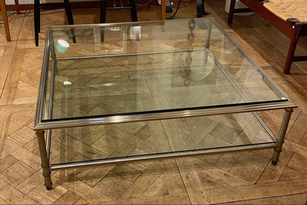 1950/70′ Table Basse Maison Jansen Bronze Patiné Et Argenté  120 X 120 Cm