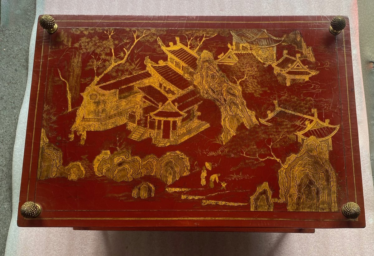 1950/70′ Maison Baguès Table Bamboo Decor Gilt Bronze Chinese Lacquer Trays  60 X 40 X 55 Cm-photo-2