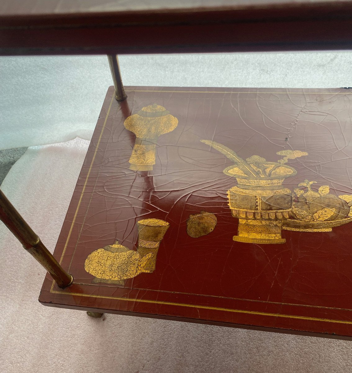 1950/70′ Maison Baguès Table Bamboo Decor Gilt Bronze Chinese Lacquer Trays  60 X 40 X 55 Cm-photo-4