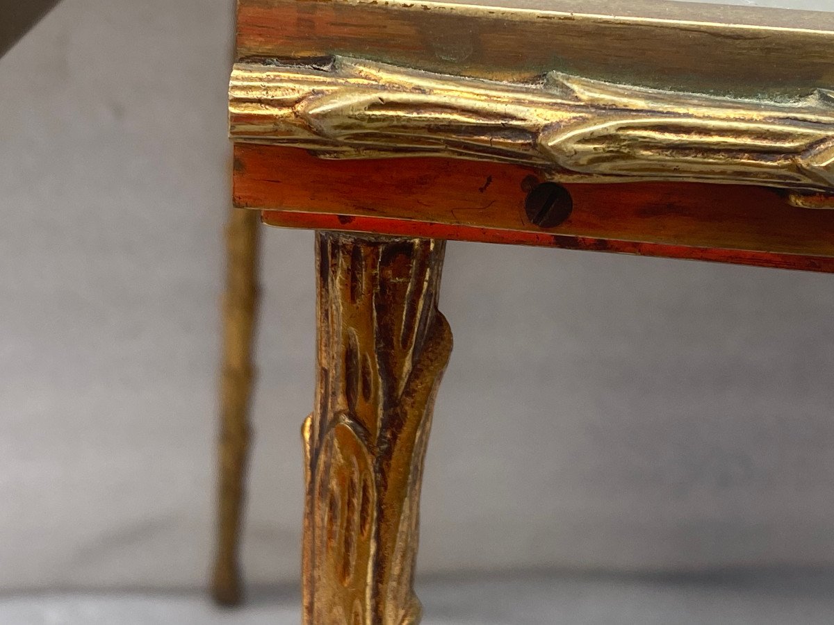 1970′ Table Tripartite Maison Charles Décor Palmier En Bronze Doré, Plateaux Miroir 125 X 52 Cm-photo-5