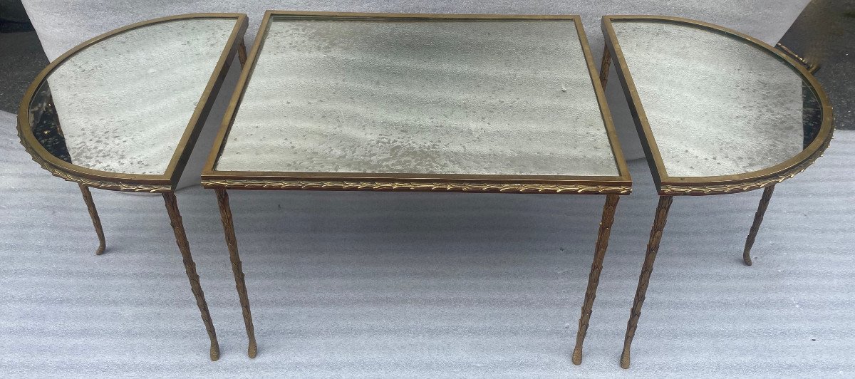 1970′ Table Tripartite Maison Charles Décor Palmier En Bronze Doré, Plateaux Miroir 125 X 52 Cm