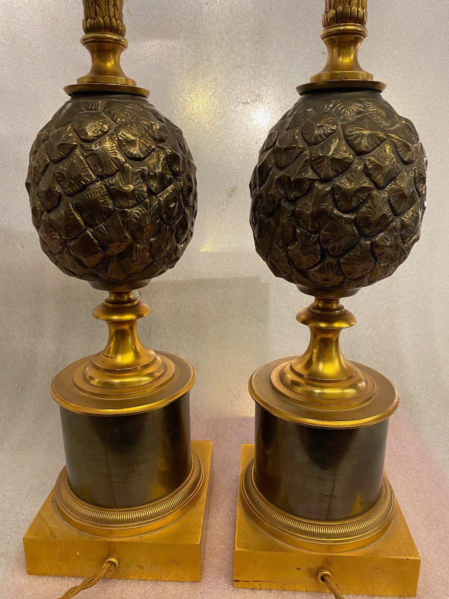 1950/70 Pair Of Pineapple Lamps In Bronze Maison Charles Unsigned-photo-3