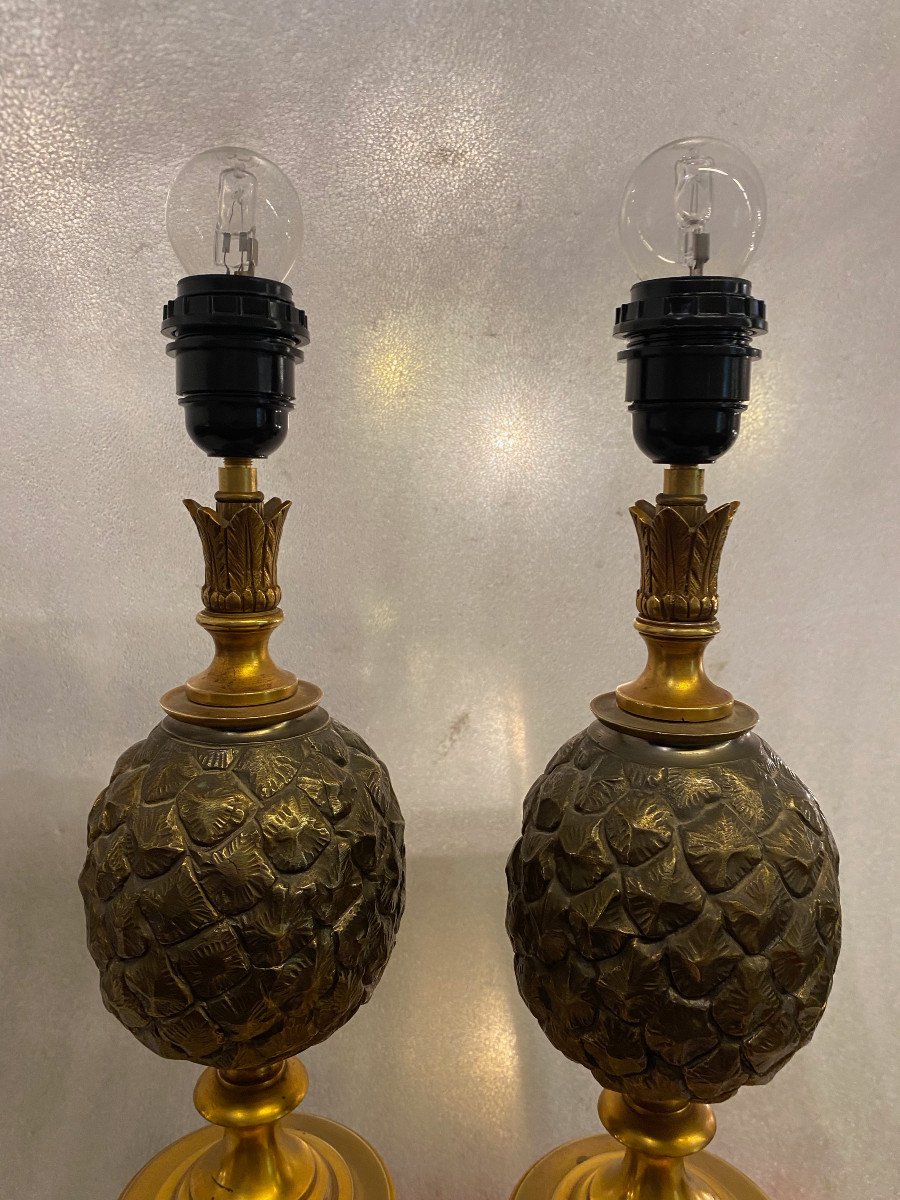 1950/70 Pair Of Pineapple Lamps In Bronze Maison Charles Unsigned-photo-1