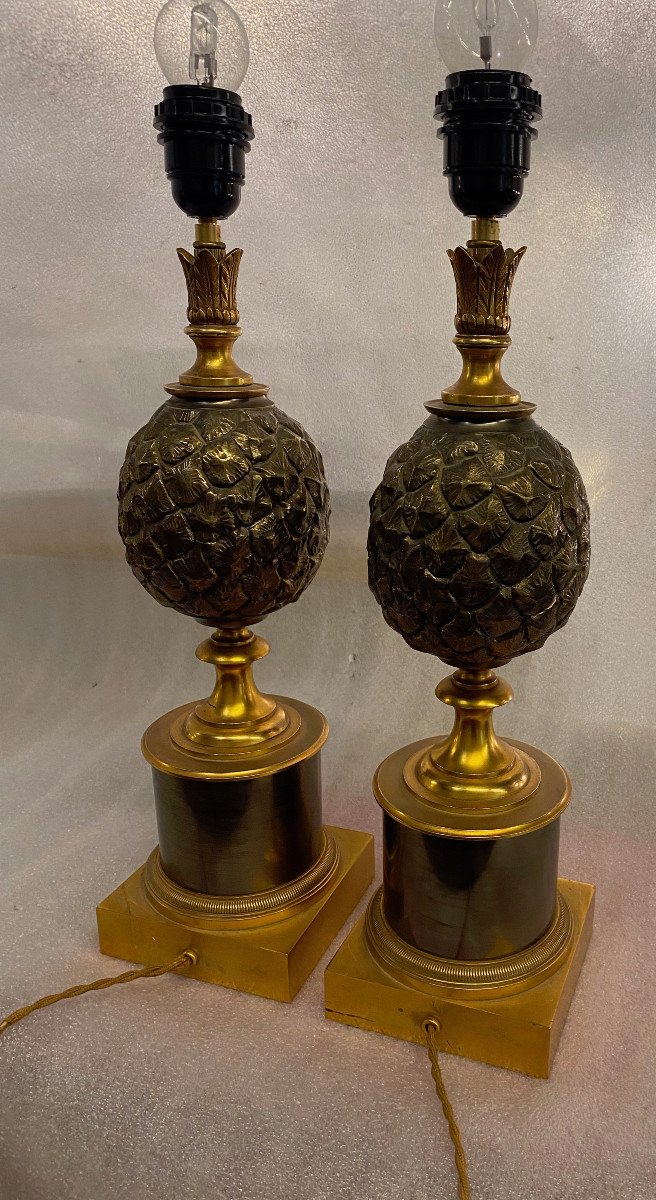 1950/70 Pair Of Pineapple Lamps In Bronze Maison Charles Unsigned-photo-3