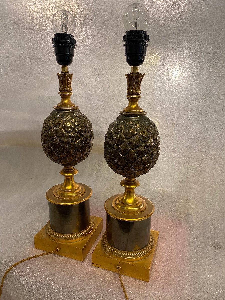 1950/70 Pair Of Pineapple Lamps In Bronze Maison Charles Unsigned-photo-4