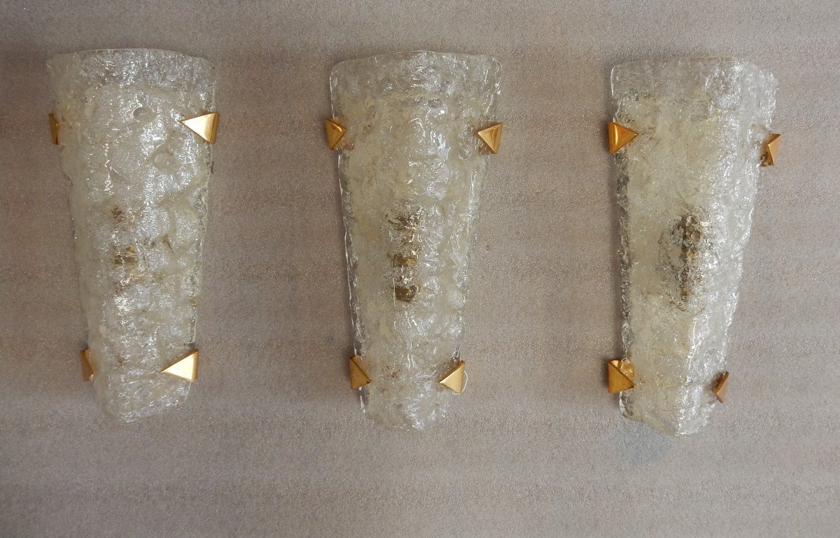 1950/70′ Series Of 6 Sconces In Dlg Murano Granite Glass With Claws In Golden Brass, Arlus-photo-4